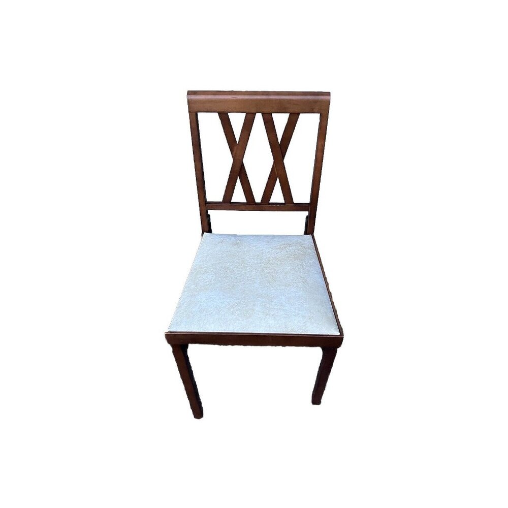 Vintage Leg-O-Matic Wood Folding Chair Vinyl White Seat RV, Camping, Any Room